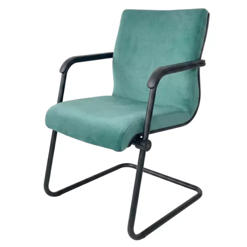 Zöld színű szánkótalpas tárgyalószék, karfás