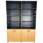 Tölgy-fekete kombinált irodai polcrendszer és zárható szekrény