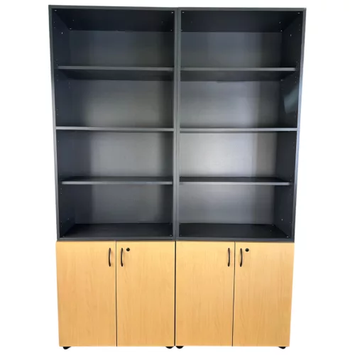 Tölgy-fekete kombinált irodai polcrendszer és zárható szekrény