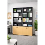 Tölgy-fekete kombinált irodai polcrendszer és zárható szekrény